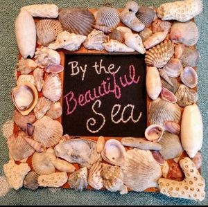 Beach quote embroidered in seashell frame hand crafted original